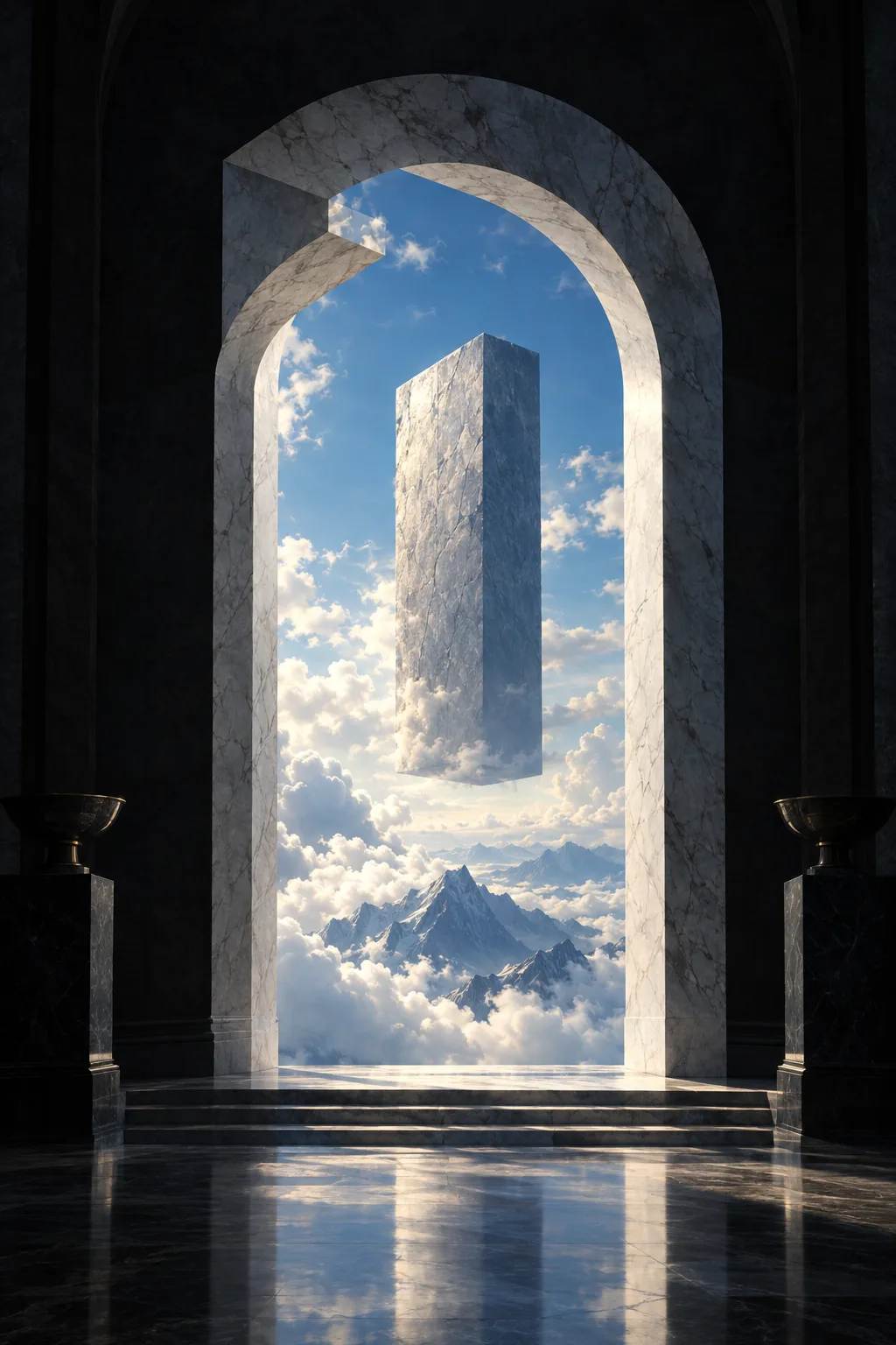 a marble archway opening onto a sky where a stone monolith floats