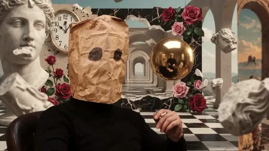 the masked figure surrounded by classical busts, roses and a golden sphere