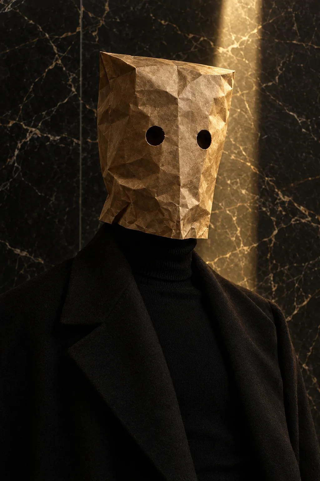 the masked figure in a black turtleneck and draped coat against dark marble