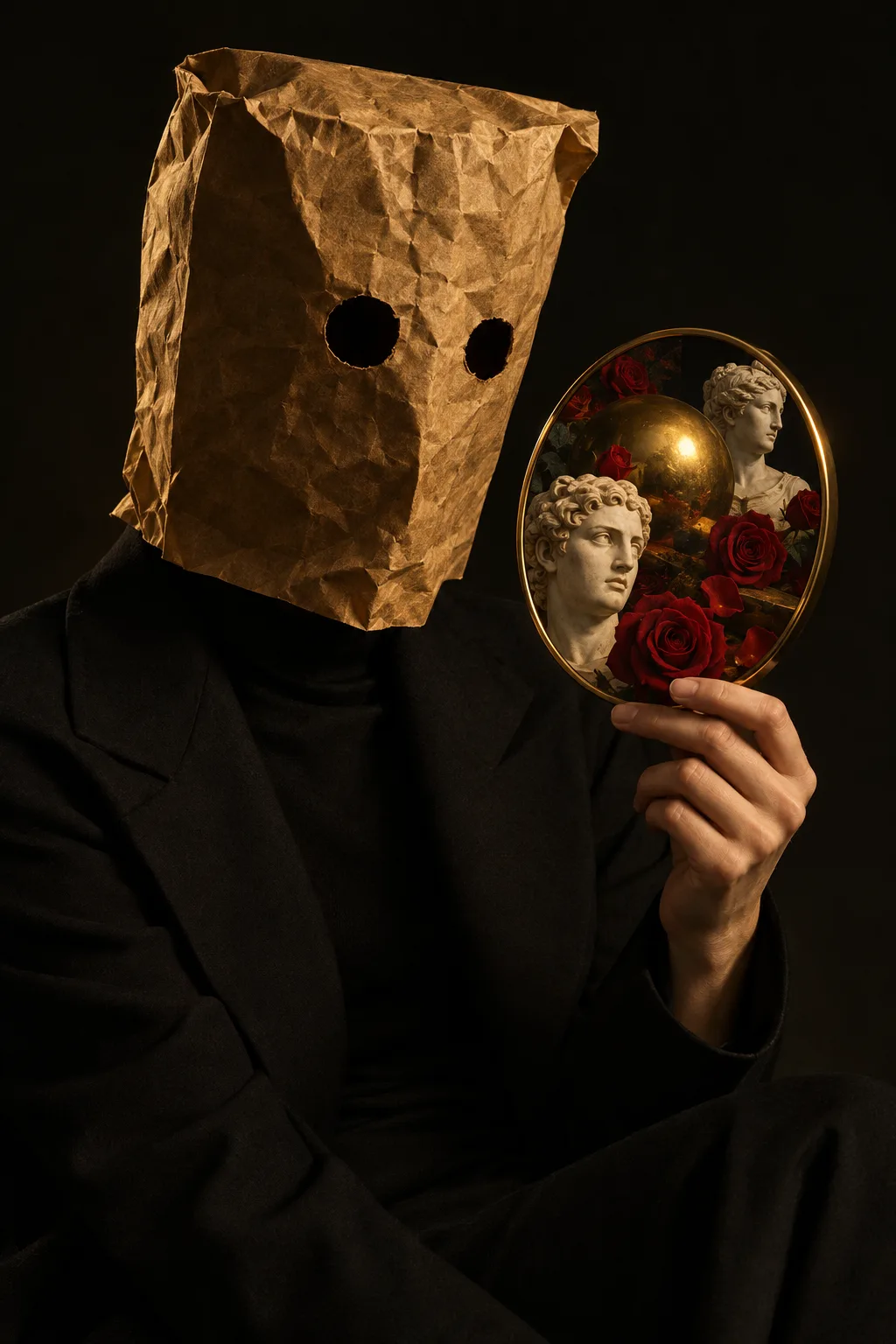 the masked figure holding a small mirror that reflects roses and busts