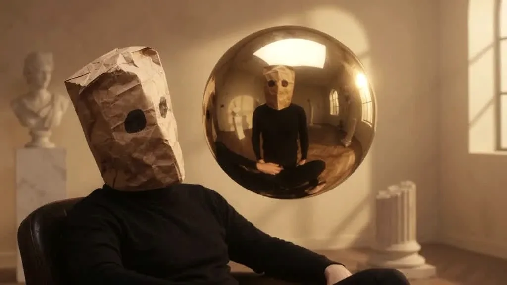 Plato in a black turtleneck wearing the handmade brown paper mask, beside a golden sphere