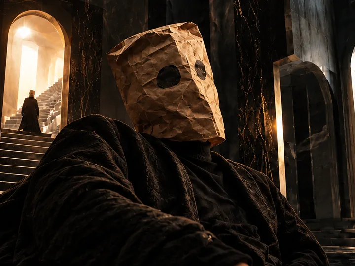 the masked figure in a sculptural black garment