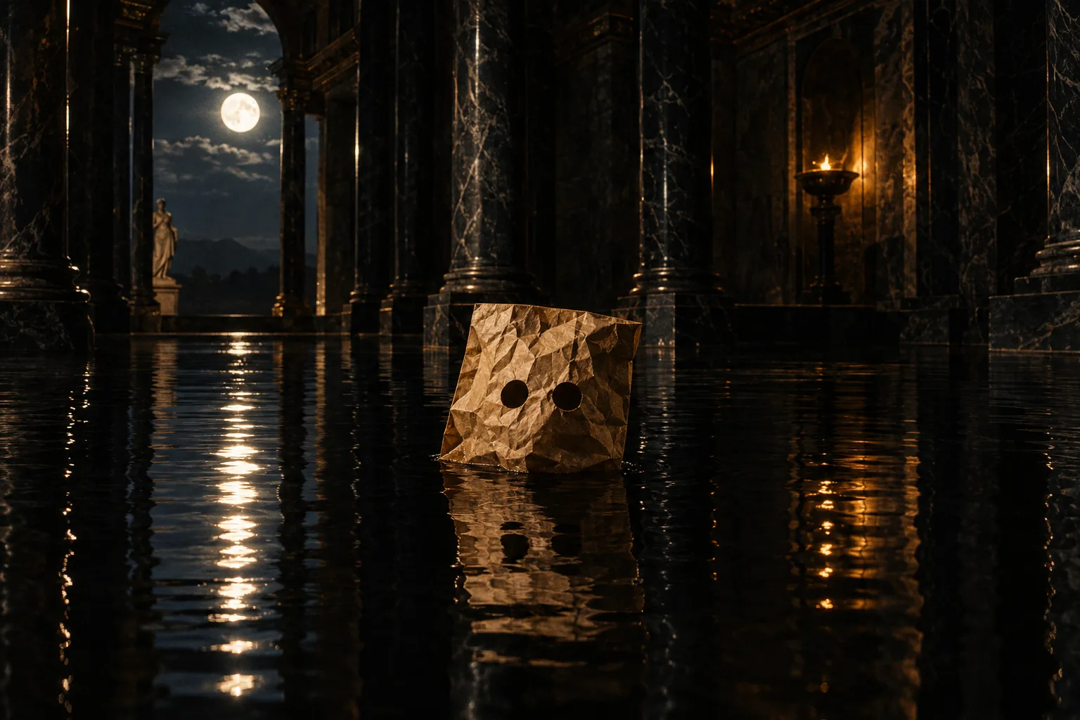 a crumpled paper bag mask floating on still black water