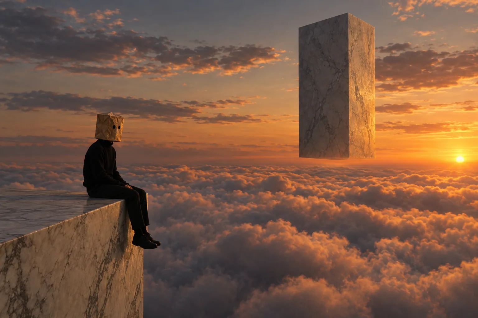 a seated masked figure above a sea of clouds beneath a floating monolith