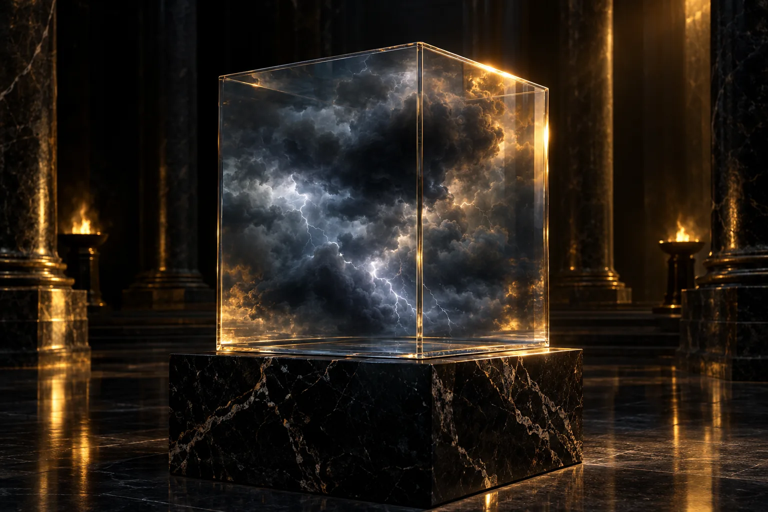 a glass cube resting on dark marble with clouds inside