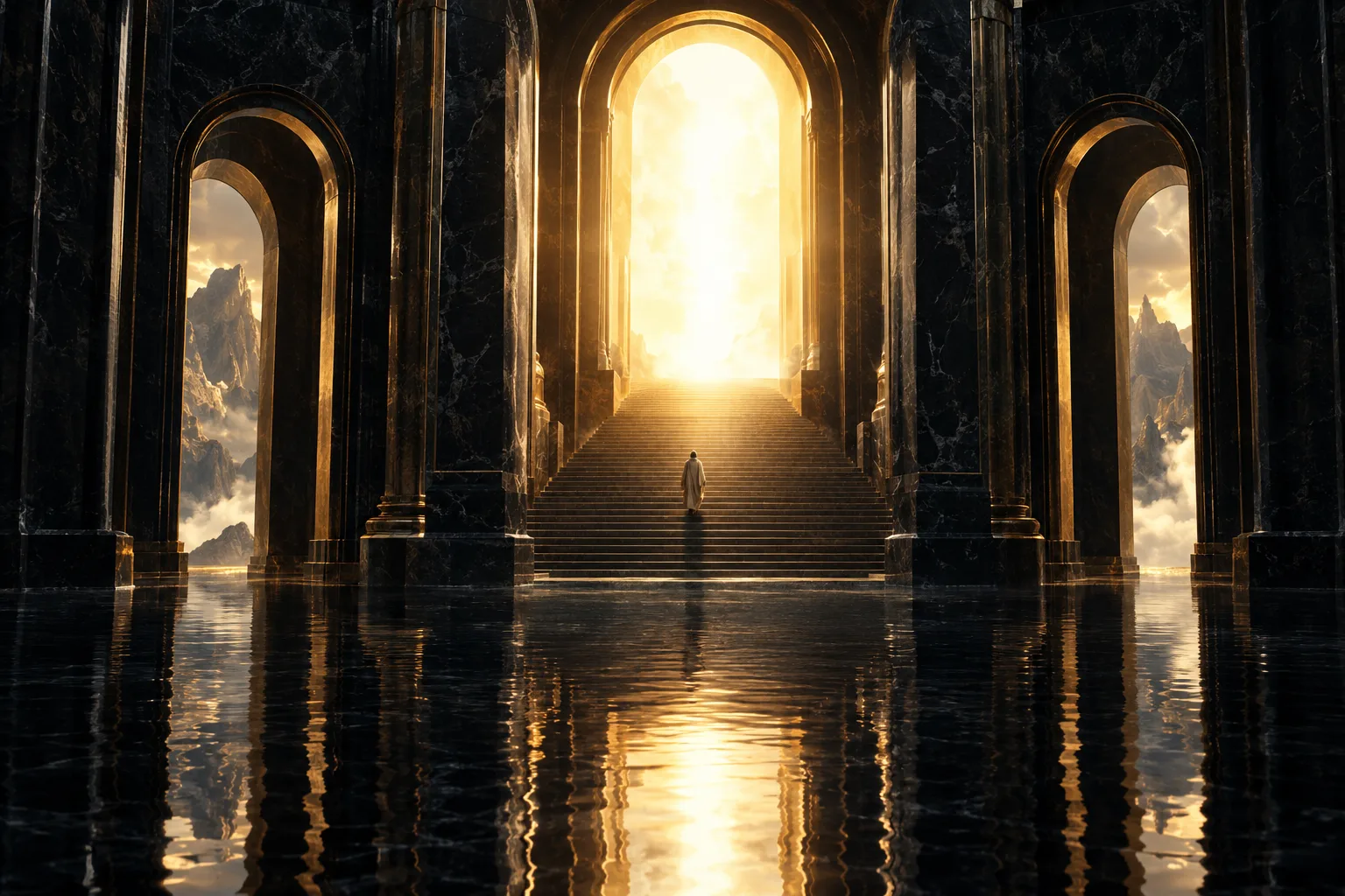 a marble temple staircase rising into golden light