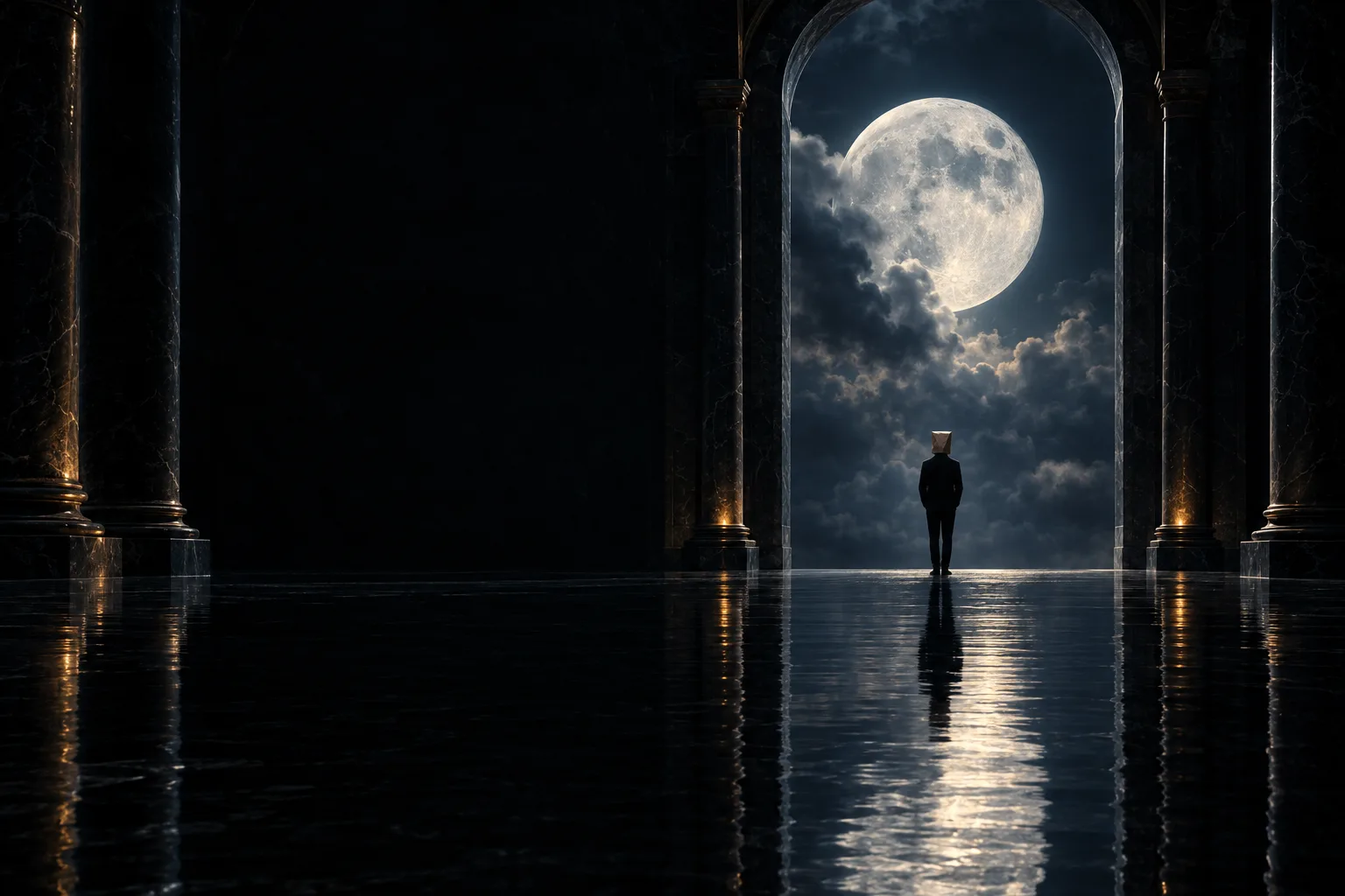 the masked figure, seen from behind, facing an archway filled with a giant moon at the end of a dark marble hall