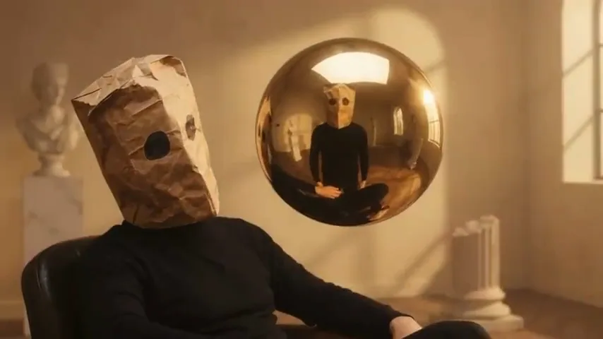 scene 02 of the film: the masked figure beside the golden sphere
