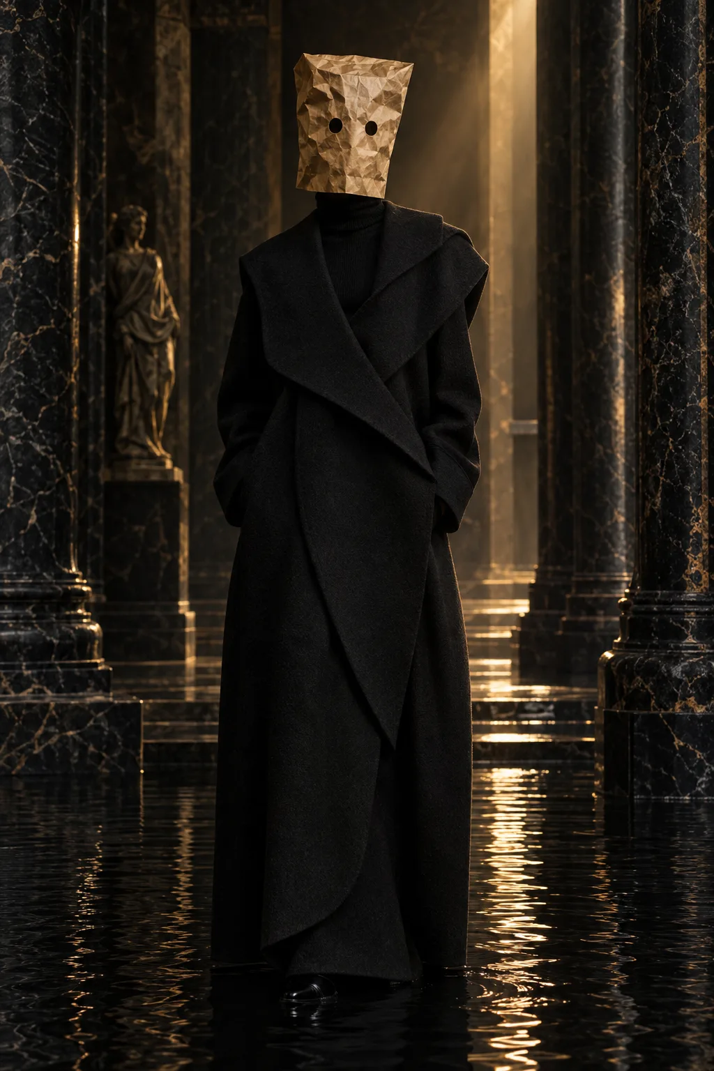 the masked figure standing in a long black garment in the temple