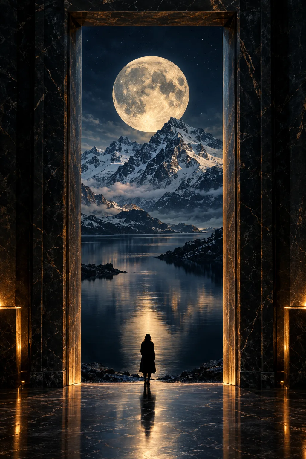 a marble doorway opening onto a moonlit surreal landscape