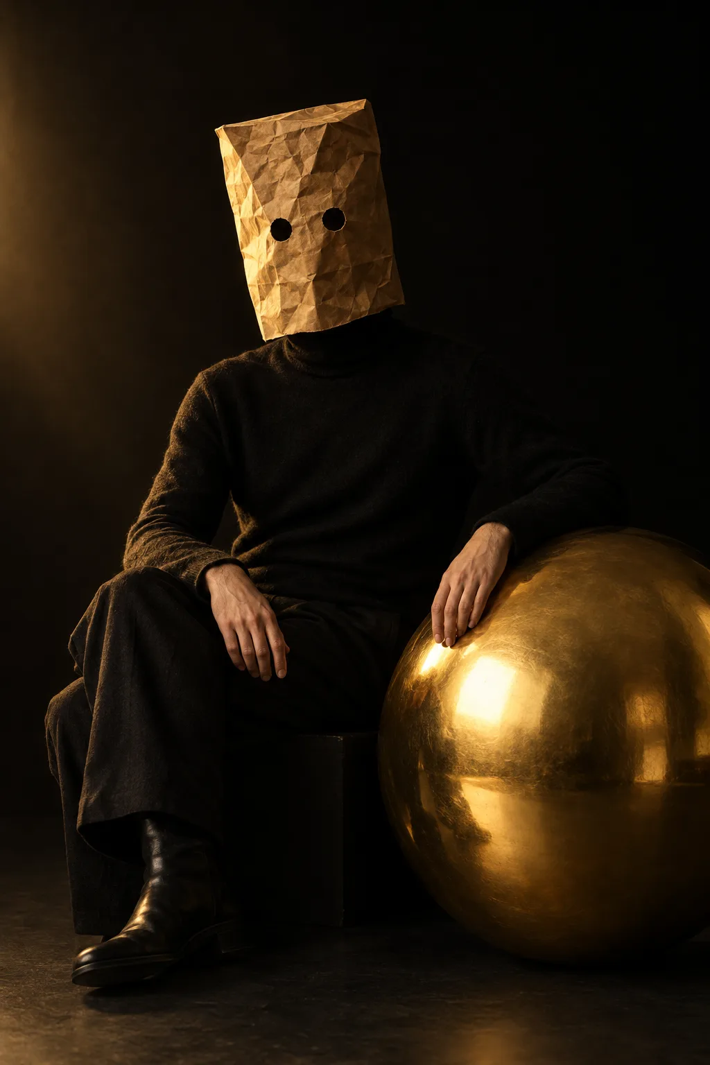 the masked figure beside a polished golden sphere in a dark studio