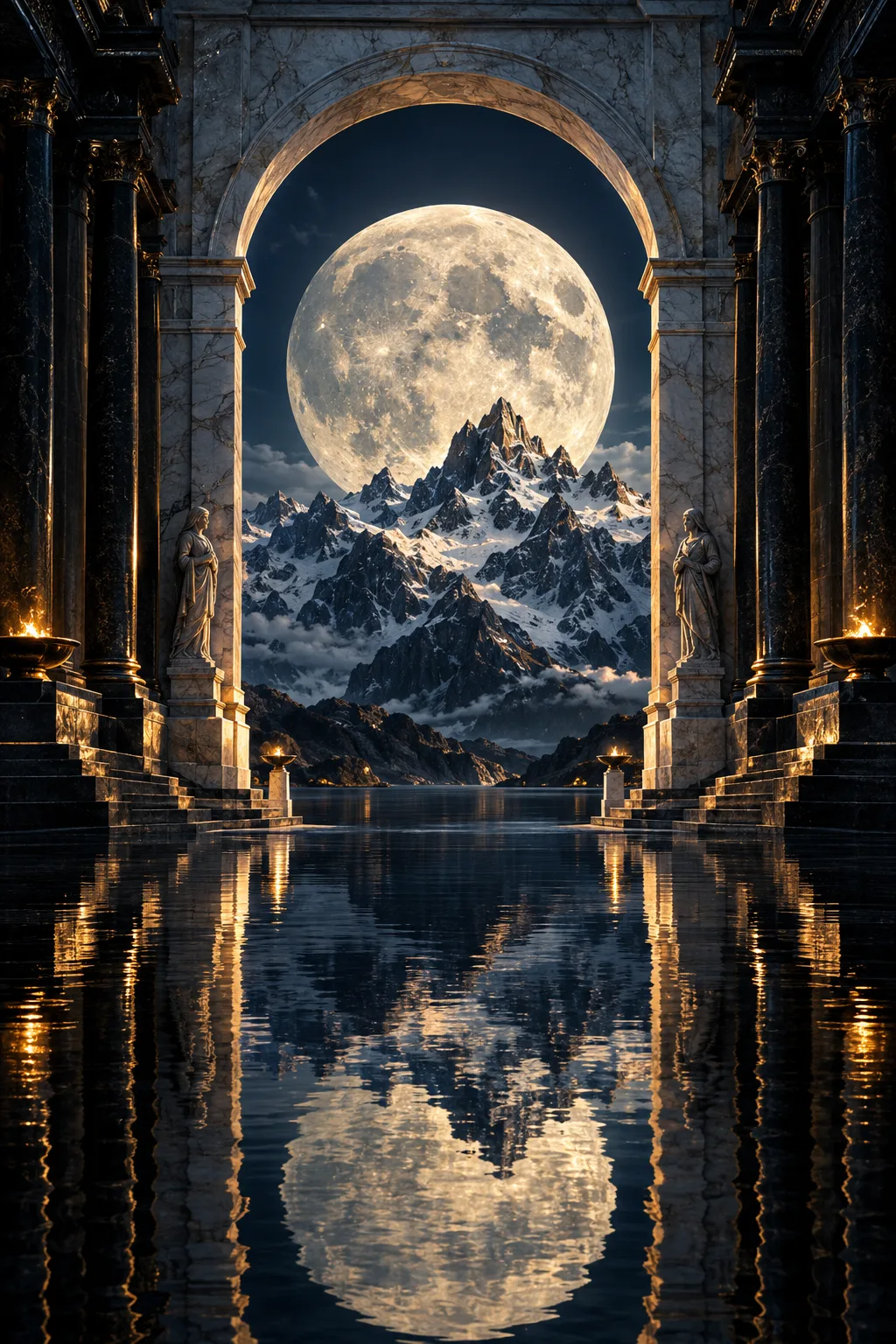 a colossal arch framing a giant moon over mountains and black water